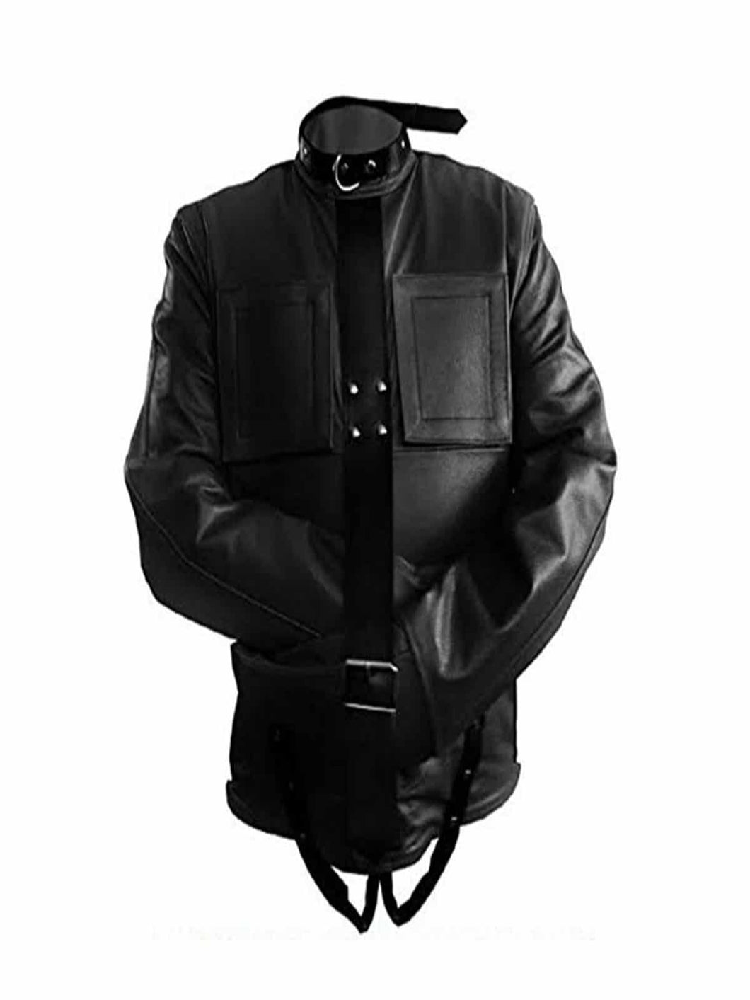 Mens Genuine Black Leather Strait Jacket