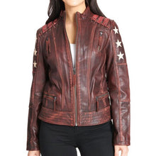 Load image into Gallery viewer, Women&#39;s Motorcycle Stars and Stripes Distressed Brown Leather Jacket
