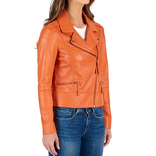 Load image into Gallery viewer, Women&#39;s Asymmetrical Motorcycle Orange Leather Biker Jacket
