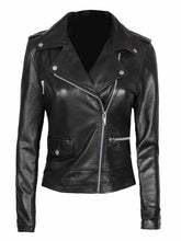 Load image into Gallery viewer, Womens Asymmetrical Style Black Leather Moto Jacket
