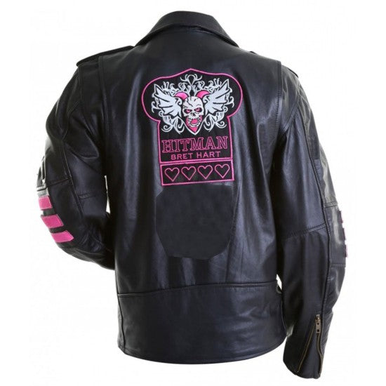 Bret Hart Biker Pink Striped Black Leather Jacket
