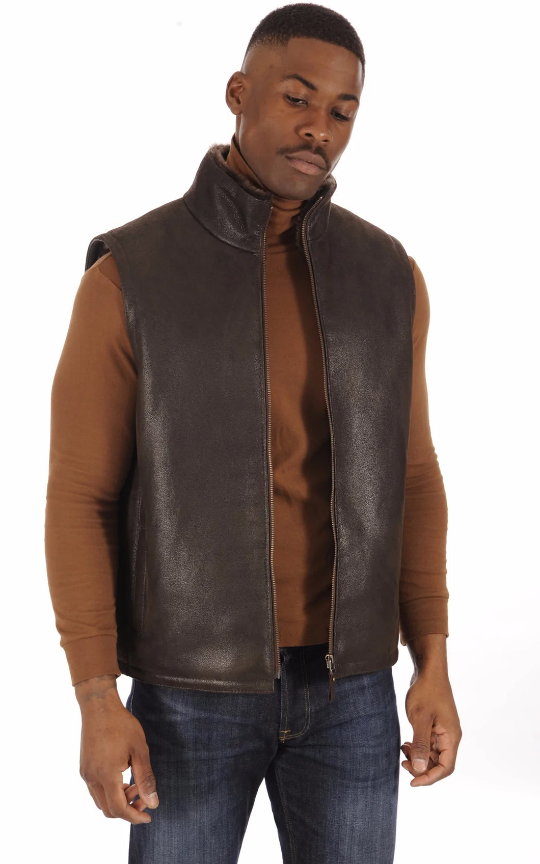 Mens Brown Real Shearling Leather Vest