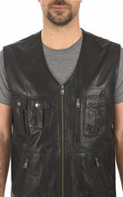 Load image into Gallery viewer, Mens Militry Style Black Leather Vest
