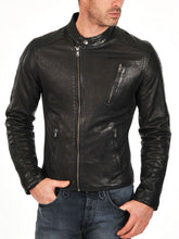 Load image into Gallery viewer, Men’s Snap Button Asymmetrical Zipper Motorcycle Black Leather Jacket
