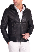 Load image into Gallery viewer, Mens Black Real Leather Hooded Biker Jacket
