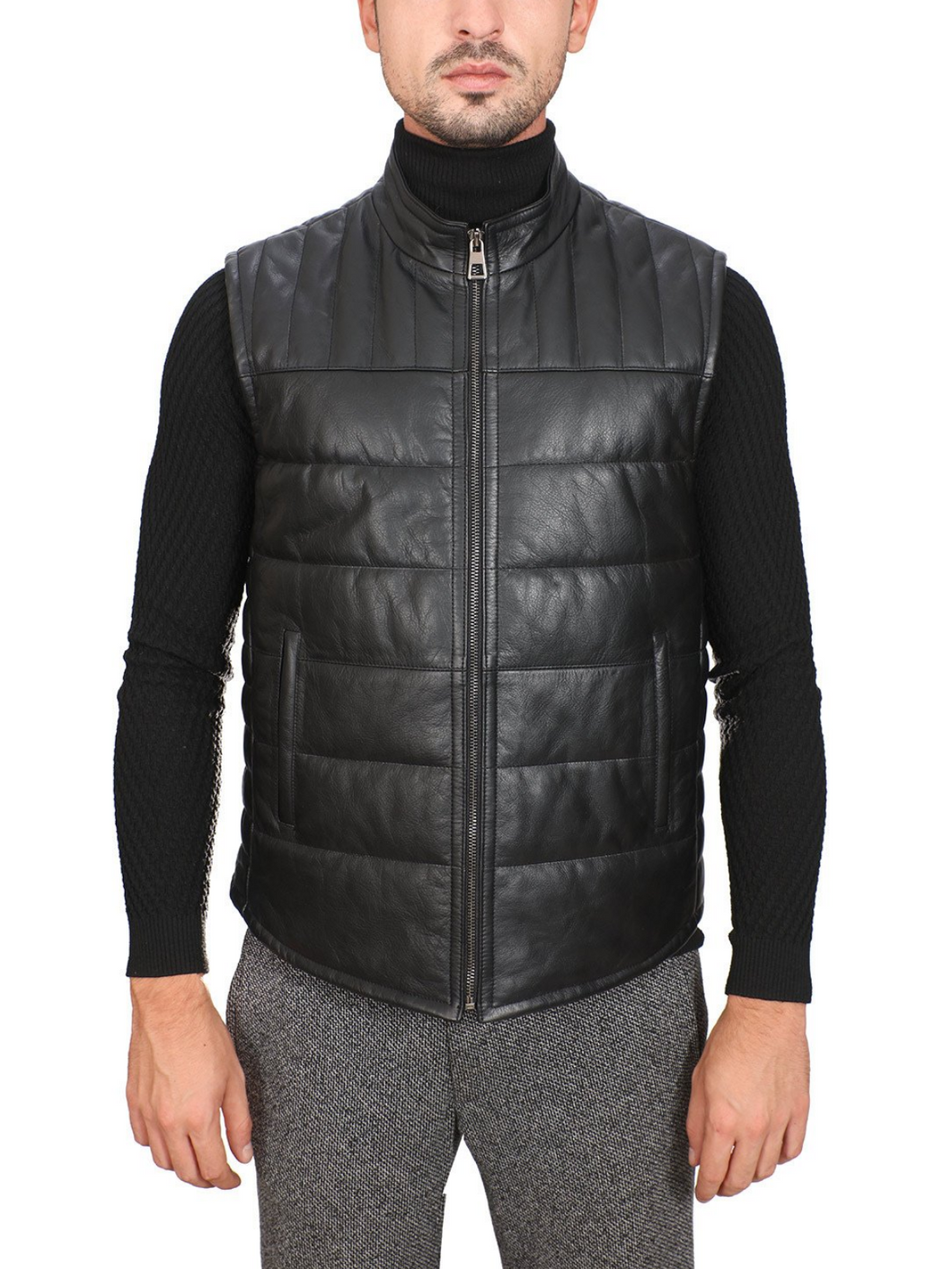 Men Black Real Leather Vest - Boneshia.com