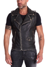 Load image into Gallery viewer, Men Black Asymmetrical Lambskin Leather Biker Vest
