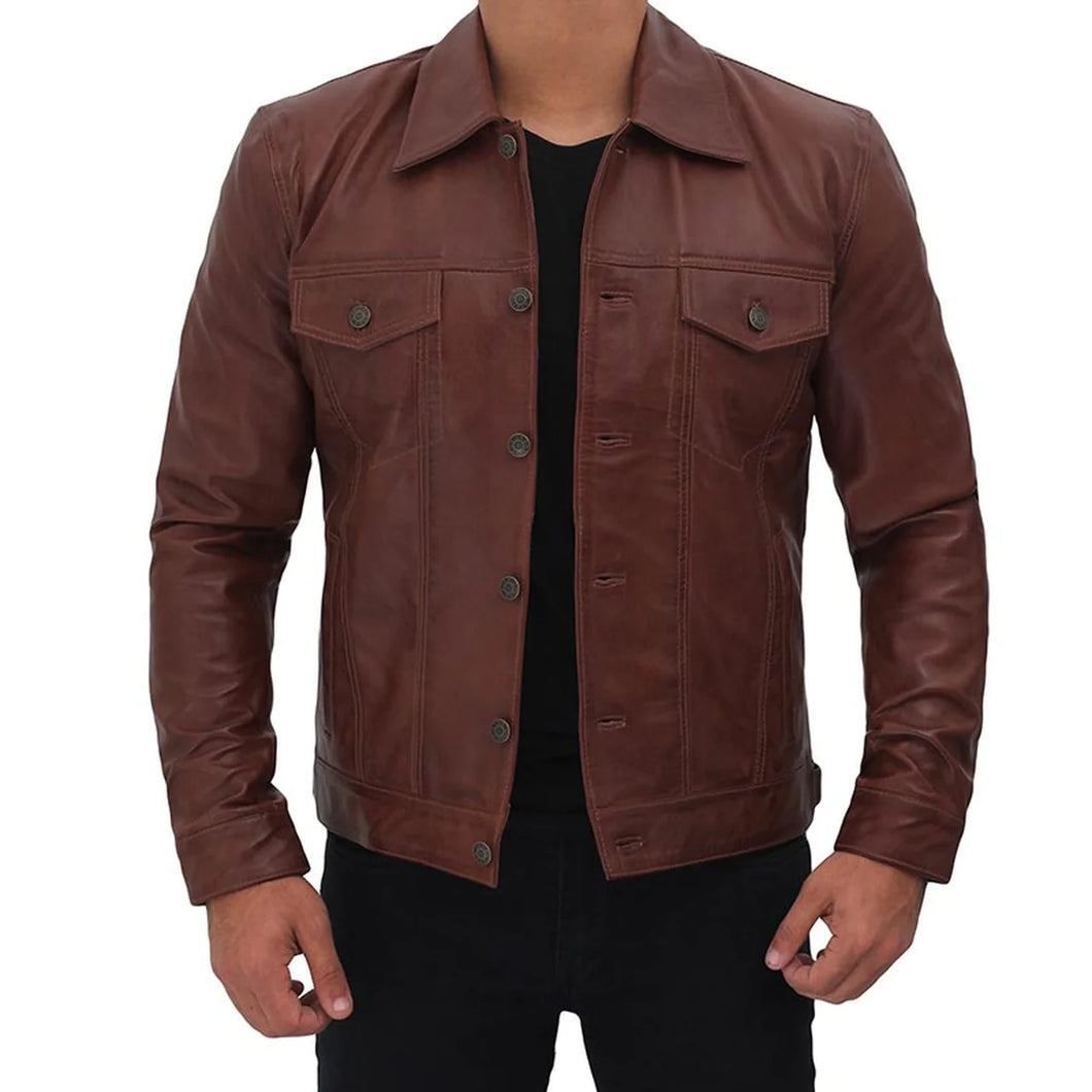 Men's Brown Genuine Leather Trucker Jacket