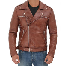 Load image into Gallery viewer, Men&#39;s Waist Belted Design Brown Motorcycle Jacket
