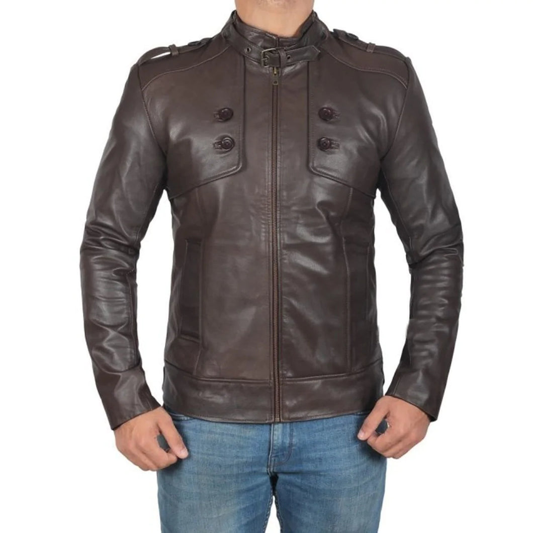 Men's Coffee Brown Button Pocket Leather Jacket