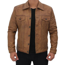 Load image into Gallery viewer, Men&#39;s Camel Brown Distressed Leather Trucker Jacket
