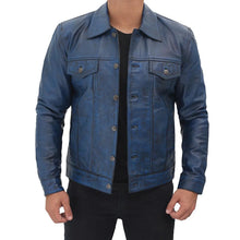 Load image into Gallery viewer, Men&#39;s Blue Trucker Distressed Leather Jacket

