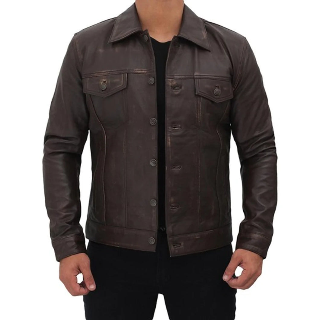 Men's Distressed Brown Leather Trucker Jacket