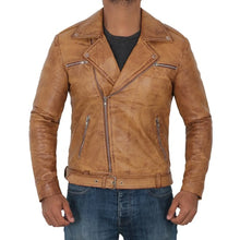 Load image into Gallery viewer, Men&#39;s Light Brown Moto Leather Jacket
