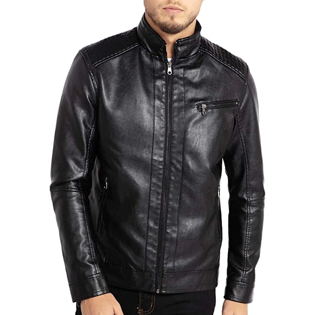 Men's Black Stand Collar Leather Rider Jacket