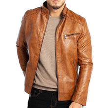 Load image into Gallery viewer, Men&#39;s Brown Stand Collar Leather Rider Jacket
