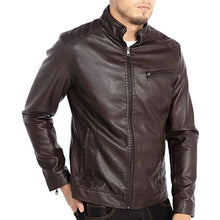 Load image into Gallery viewer, Men&#39;s Coffee Brown Stand Collar Leather Bikers Jacket
