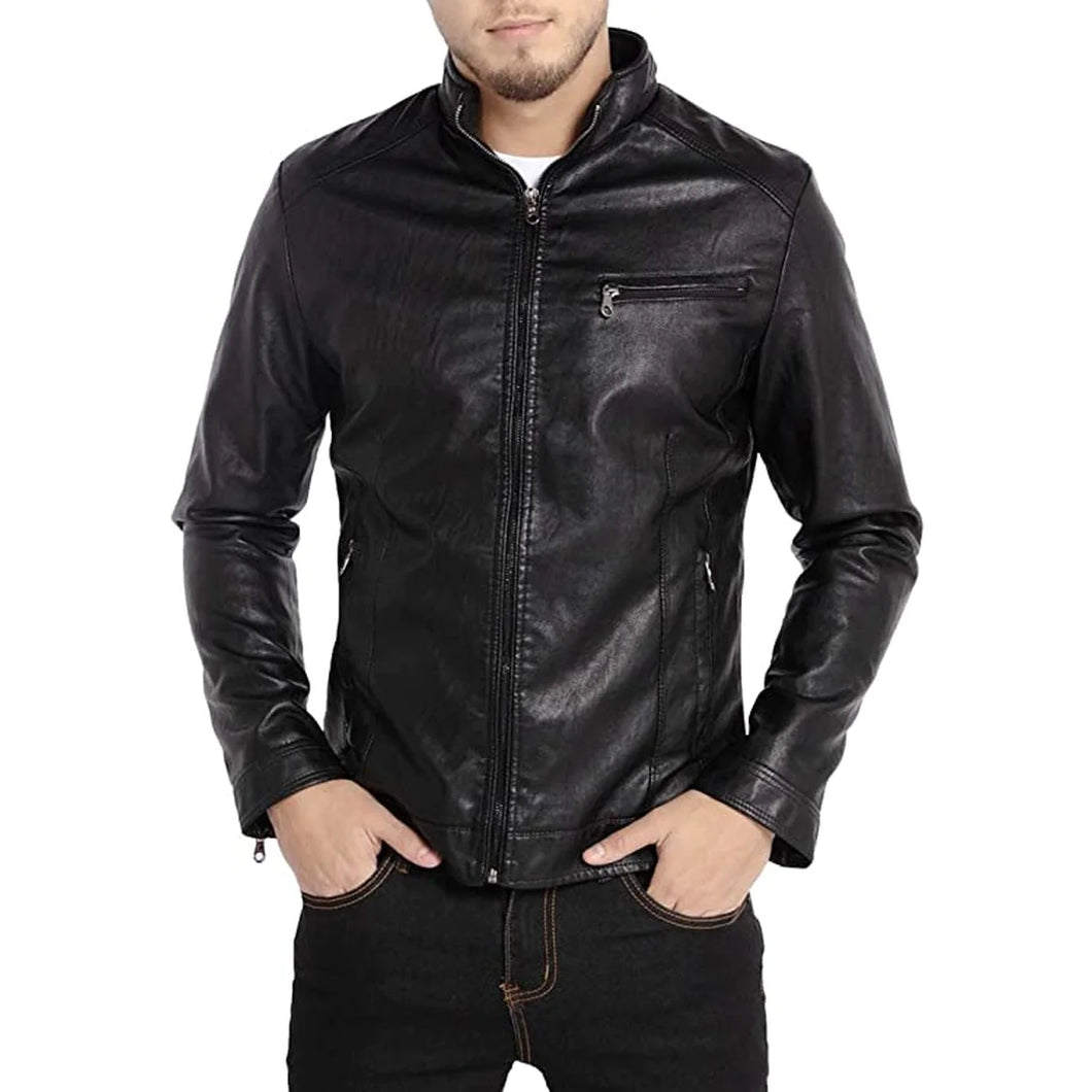 Men's Black Stand Collar Real Leather Biker Jacket