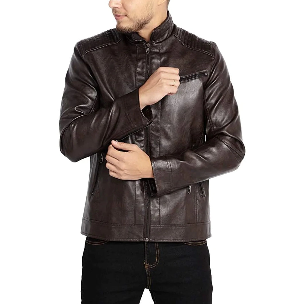 Men's Brown Stand Collar Lining Leather Jacket