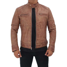 Load image into Gallery viewer, Men&#39;s Rib Brown Distressed Leather Biker Jacket
