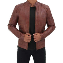 Load image into Gallery viewer, Men&#39;s Brown Quilted Leather Motorcycle Jacket
