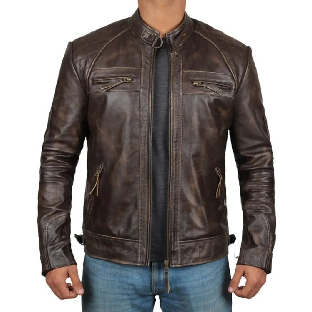 Men's Quilted Distressed Dark Brown Leather Jacket