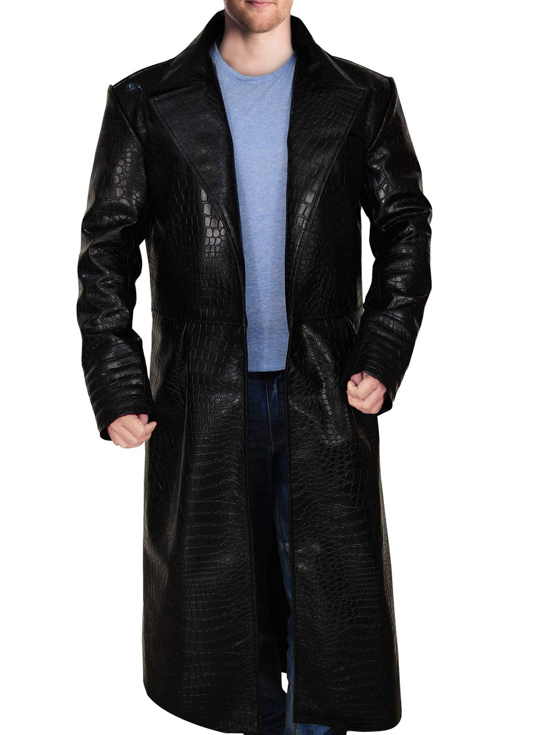 Black Aligator Embossed Leather Steampunk Trench Coat
