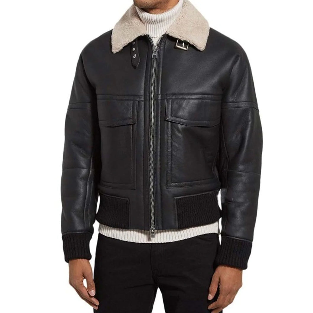 Men's Black Shearling Bomber Leather Jacket