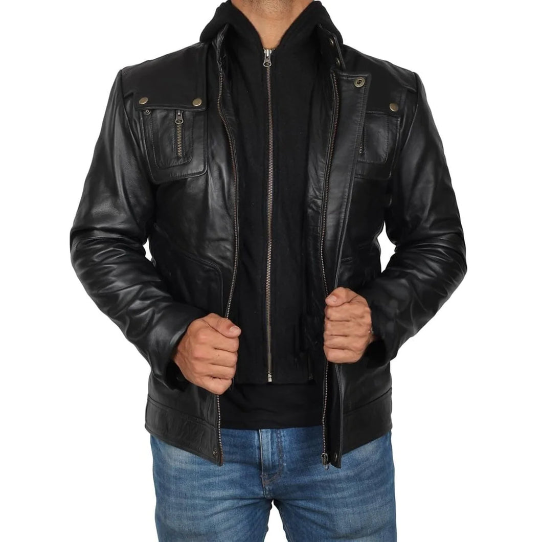 Men's Genuine Leather Jacket With Hoodie