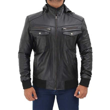 Load image into Gallery viewer, Men&#39;s Black Bomber Biker Hooded Leather Jacket
