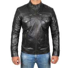Load image into Gallery viewer, Men&#39;s Real Leather Plain Black Motorcycle Jacket
