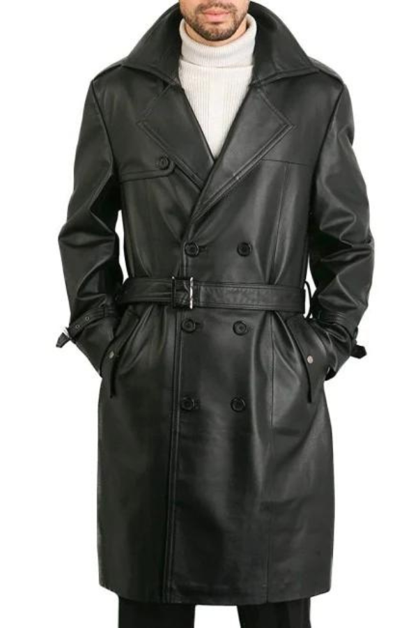 Men's Double Breasted Black Leather Trench Coat
