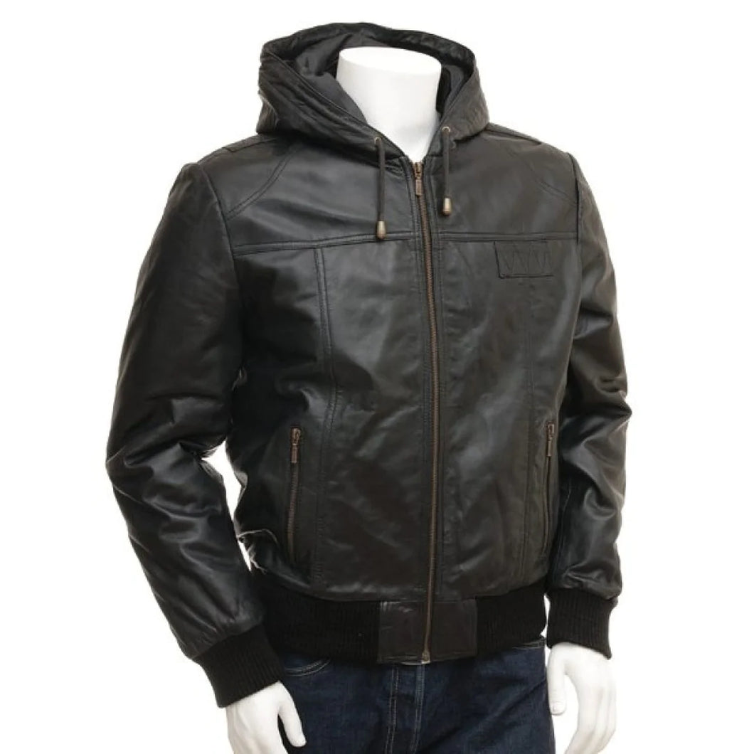 Genuine Lambskin Leather Hooded Bomber Jacket