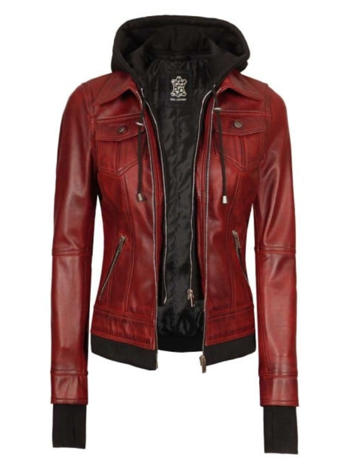 Women's Maroon Leather Jacket with Removable Hood