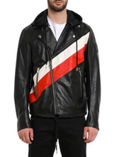 Load image into Gallery viewer, Striped Hooded Biker Black Real Leather Jacket
