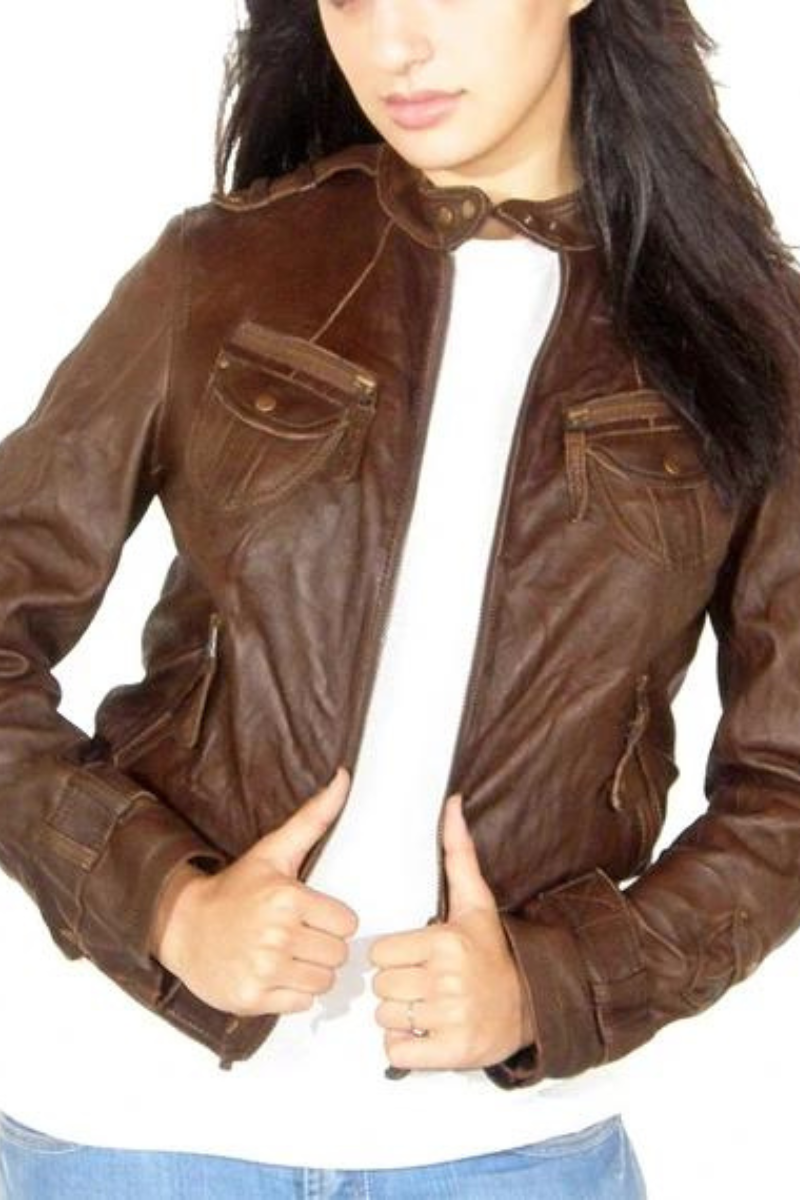 Women's Brown Leather Moto Bomber Jacket