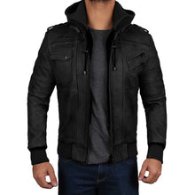 Load image into Gallery viewer, Men&#39;s Black Hooded Real Leather Jacket
