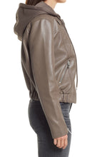 Load image into Gallery viewer, Dark Grey Biker Leather Jacket With Removable Hoodie For Women
