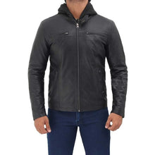 Load image into Gallery viewer, Men&#39;s Black Hooded Leather Jacket
