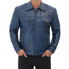 Load image into Gallery viewer, Men&#39;s Blue Trucker Distressed Leather Jacket
