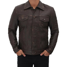 Load image into Gallery viewer, Men&#39;s Distressed Brown Leather Trucker Jacket
