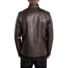 Load image into Gallery viewer, Men&#39;s Brown Stand Collar Lining Leather Jacket
