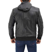 Load image into Gallery viewer, Men&#39;s Black Bomber Biker Hooded Leather Jacket
