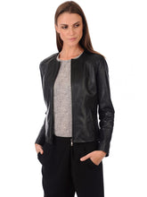 Load image into Gallery viewer, Women&#39;s Biker Rib Knit Collar Dark Black Leather Jacket
