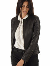 Load image into Gallery viewer, Women Collarless Quilted Biker Black Leather Jacket
