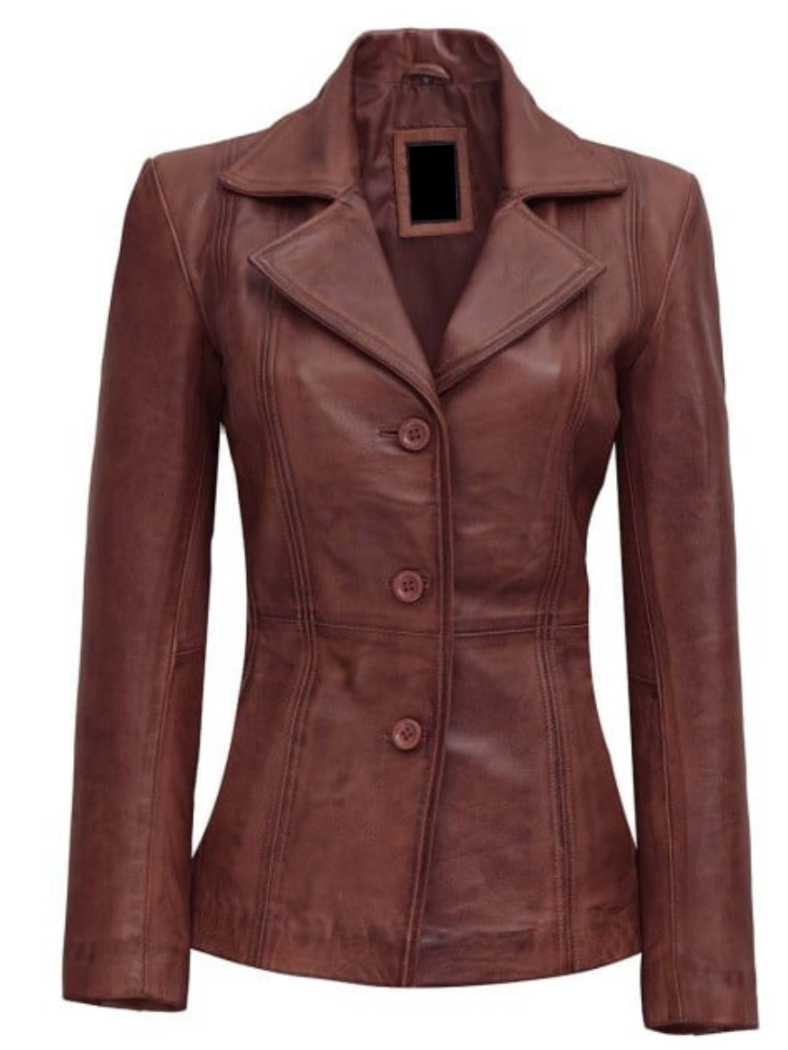 Women's Brown Real Leather Blazer Coat