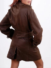 Load image into Gallery viewer, Women&#39;s Brown Geniune Leather Biker Belted Long Coat
