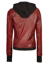 Load image into Gallery viewer, Women&#39;s Maroon Leather Jacket with Removable Hood
