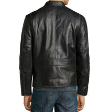 Load image into Gallery viewer, Men&#39;s Button Up Black Leather Motorcycle Jacket
