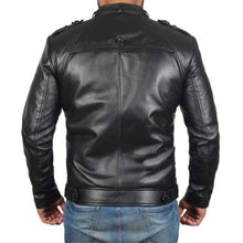 Load image into Gallery viewer, Men&#39;s Black Belted Collar Genuine Leather Biker Jacket
